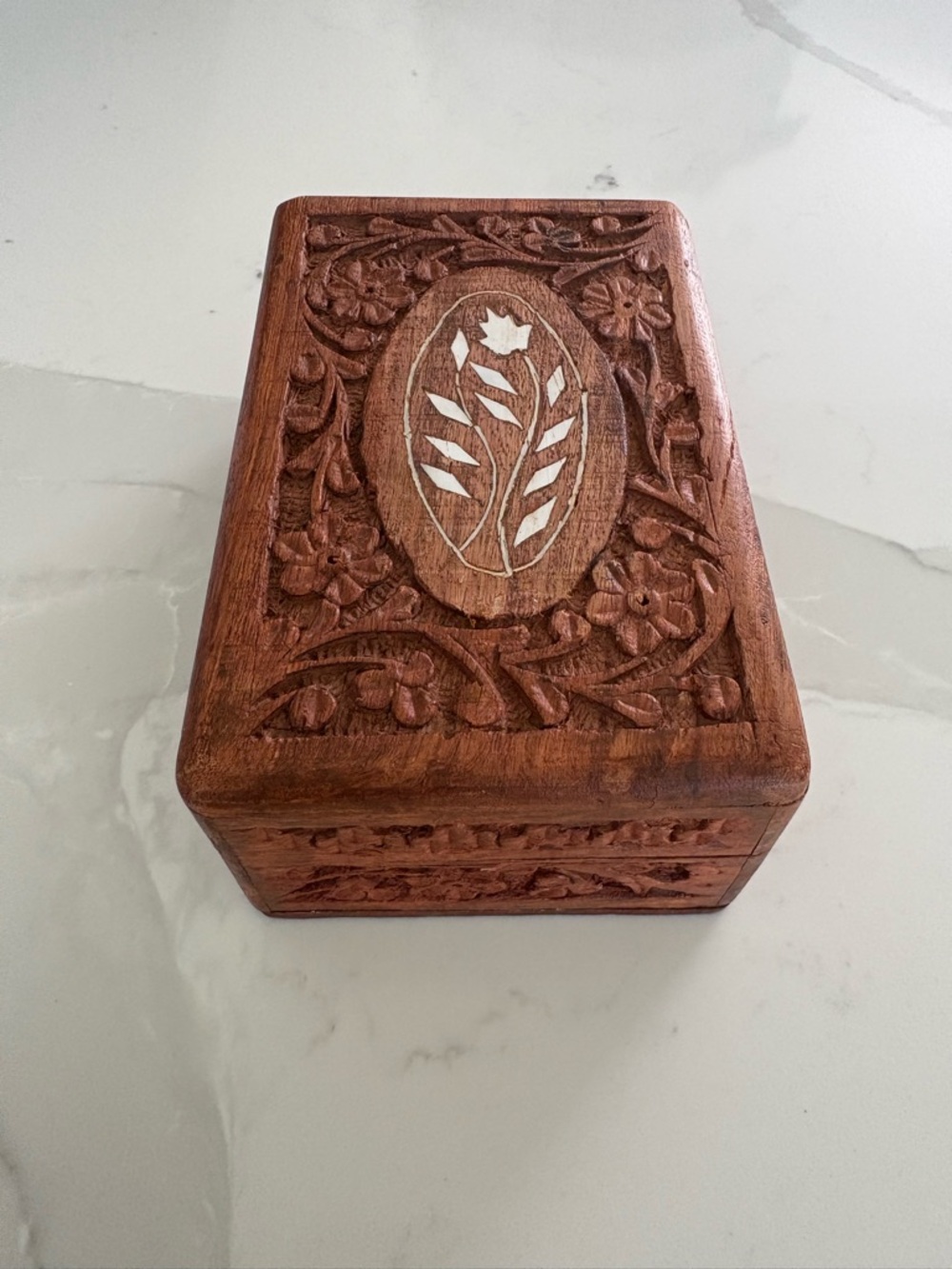 Hand Carved Wooden Jewelry Box with Inlay